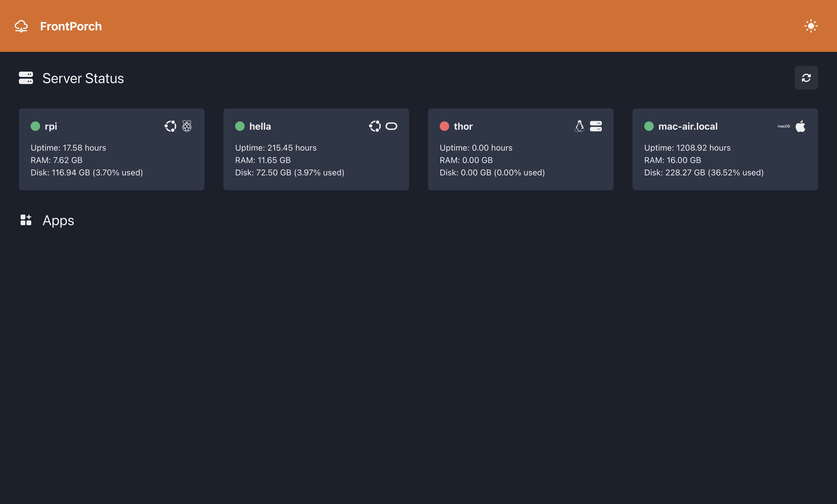 Screenshot frontporch home page in dark mode